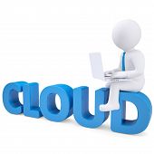 picture of idiom  - 3d white man with a laptop sitting on the word cloud - JPG 