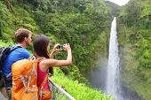 pic of  photo  - Couple tourists on Hawaii by waterfall - JPG 