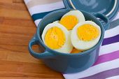 pic of blue  - hard boiled eggs in blue pot on wooden table - JPG 