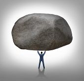 stock photo of business concept  - Power of leadership with the ability to inspire as a businessman lifting up a huge boulder removing a large obstacle and leading by example as a business concept of success and determination - JPG 