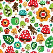 picture of illustration  - Seamless retro mushroom autumn deer pattern with apple illustration in vector - JPG 