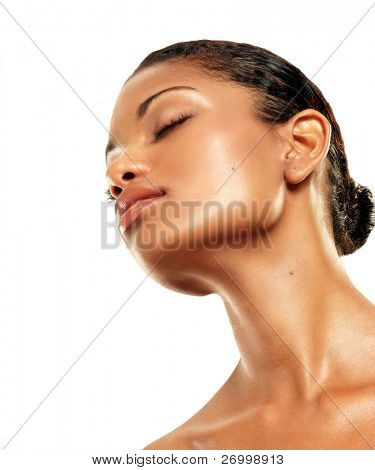 Picture or Photo of Beautiful young latin woman on white background. Closeup portrait of young beautiful woman after bath - spa