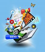 foto of objects  - An laptop has many objects projecting out of the screen on a blue glowing background - JPG 