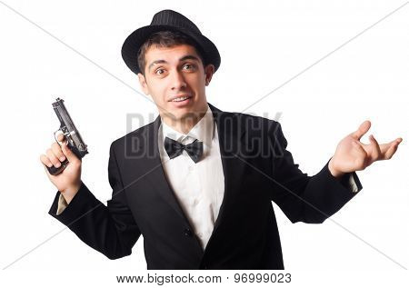 Poster: Young elegant man holding handgun