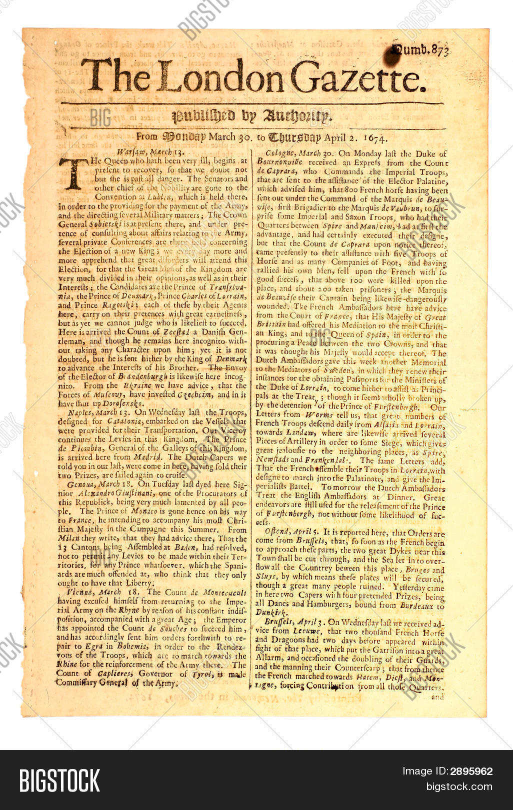 London Gazette Newspaper Dated 1674 Image & Photo Bigstock