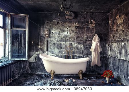 Picture or Photo of Vintage bathtub in grunge interior (photo compilation)