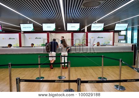 ROME, ITALY - AUGUST 04, 2015: Fiumicino Airport interior. Fiumicino - Leonardo da Vinci International Airport is a major international airport in Rome, Italy