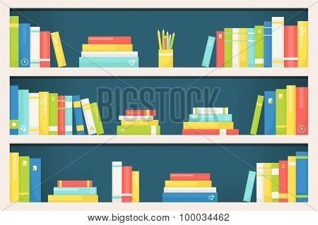 Bookcase Shelves with Books of Different Size and Color