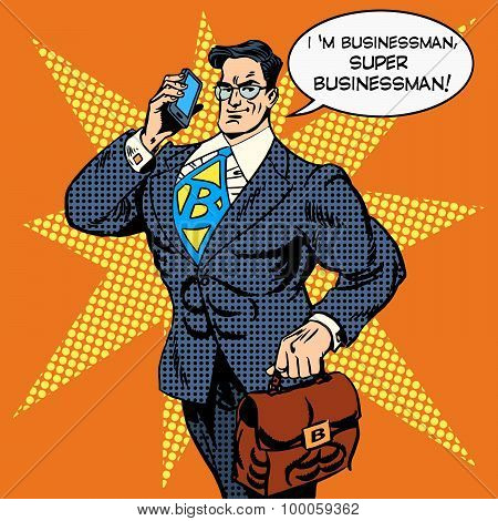 super businessman answering phone call