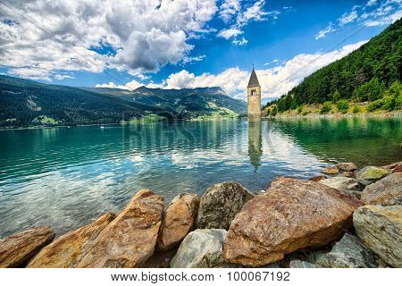 Bell Tower Of The Reschensee (resia) South Tyrol Italy