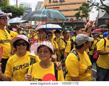 Supporters in yellow shirts demonstrating for Bersih Rally Malaysia