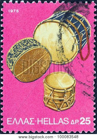 GREECE - CIRCA 1975: A stamp printed in Greece shows Tambourine Drums