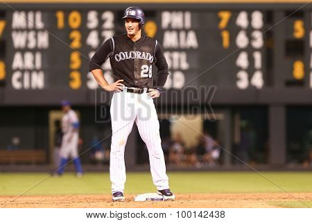 DENVER-AUG 21: Colorado Rockies infielder Nolan Arenado stands on second base during a game against the New York Mets at Coors Field on August 21, 2015 in Denver, Colorado.