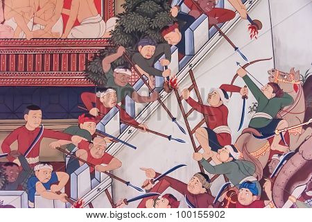 Ancient Historical Mural Painting Of The Great Epic, War Battle Between When Burmese (myanmar) Attac