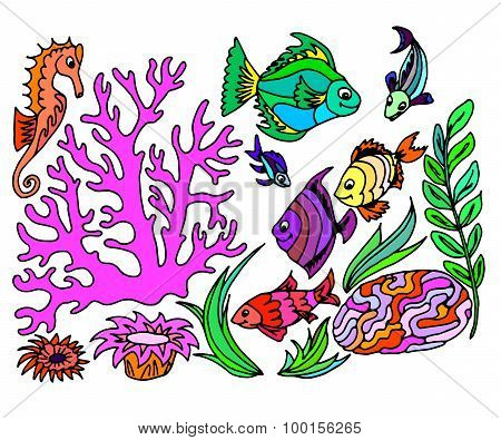 Hand draw set of different marina creatures