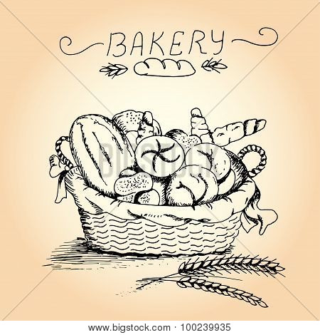 Hand Drawn Bakery In The Basket