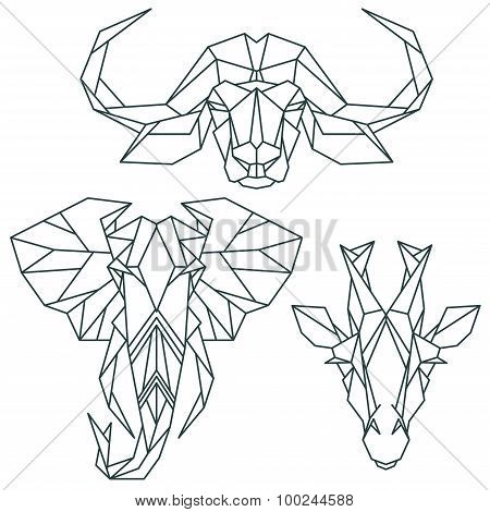 African animal icons, vector icon set. Abstract triangular style