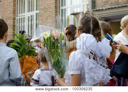 KIEV, UKRAINE - SEPTEMBER 1, 2015: The first school day on the September 1, 2015