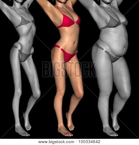 Concept or conceptual 3D woman or girl as fat, overweight vs fit healthy, skinny underweight anorexic female befor and after diet