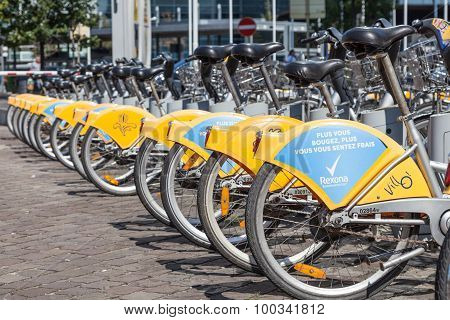 Bikes At A Villo! Station In Brussels, Belgium