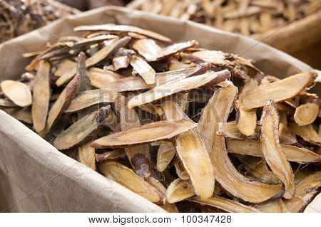 Licorice Herbal Dry Out Medicine In Wooden Chopped And Sliced On The Table
