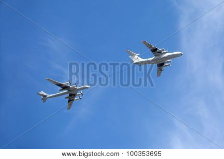 Russian military transport plane Il-78 refueling tankers and Tu-95 turboprop strategic bomber