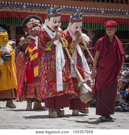 Tibetan Buddhist Lamas In The Mystical Masks Perform A Ritual Tsam Dance . Hemis Monastery, Ladakh,