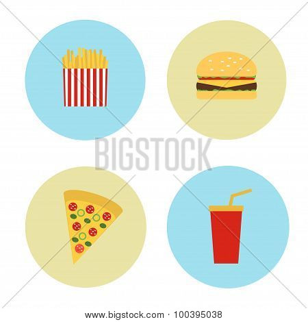 Set Icons in the circles of fast food. Vector illustration.