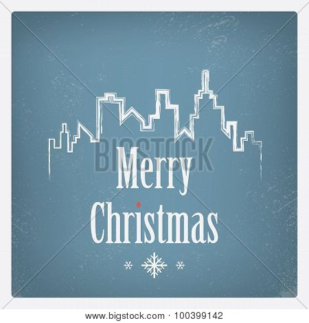 Vintage Christmas card design with cityscape or skyline outlined on worn background.