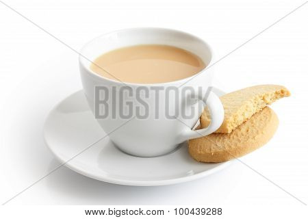 White Ceramic Cup And Saucer With Tea And Shortbread Biscuits. Isolated.