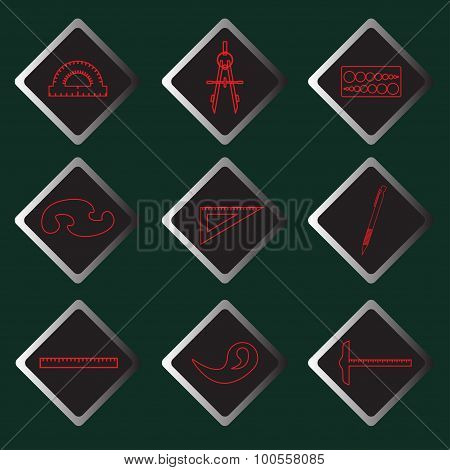 Set vector red icons of drawing accessories