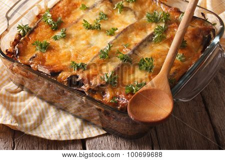 Traditional Greek Moussaka Close Up In Baking Dish. Horizontal