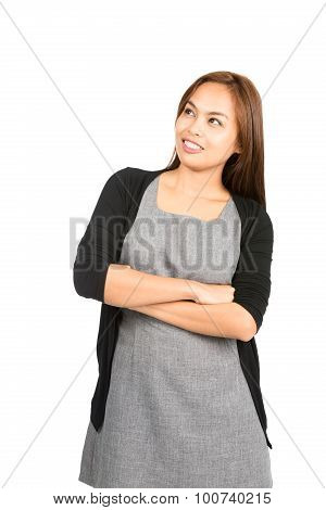 Smiline Thinking Asian Woman Looking Copy Space