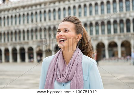 Laughing Woman Tourist On St. Mark's Square Looking Up