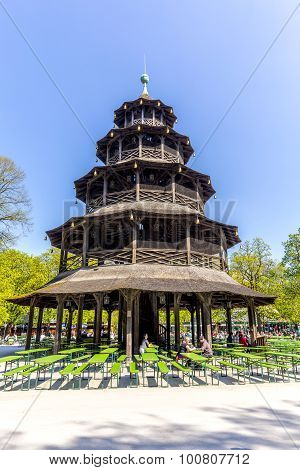 People Enjoy The  Biergarten Near Chinese Tower