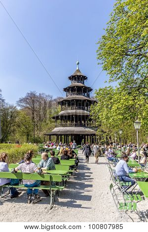 People Enjoy The  Biergarten Near Chinese Tower