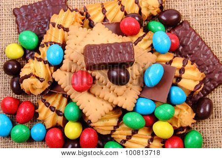 A Lot Of Sweets On Jute Burlap, Unhealthy Food