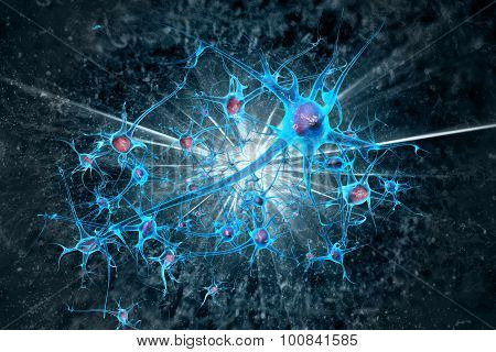 Neurons Molecules On Medical Background In 3d Illustration..