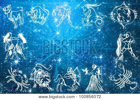 3d Illustration Zodiac Signs On Blue Background