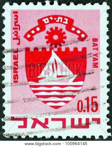 ISRAEL - CIRCA 1969: A stamp printed in Israel shows coat of arms of Bat Yam, Israel