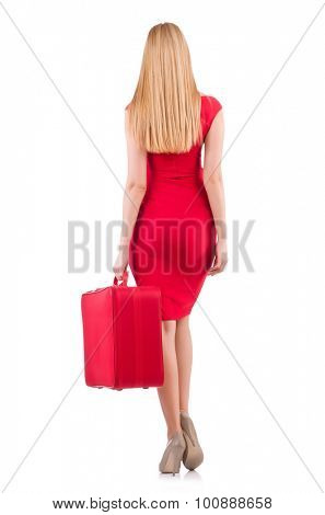 Blondie in red dress with suitcase isolated on white