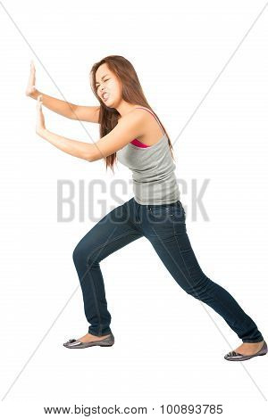 Woman Extended Arms Pushing Against Side Object