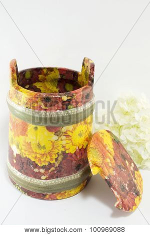 Decoupage Decorated Flower Pattern Jar On White Background