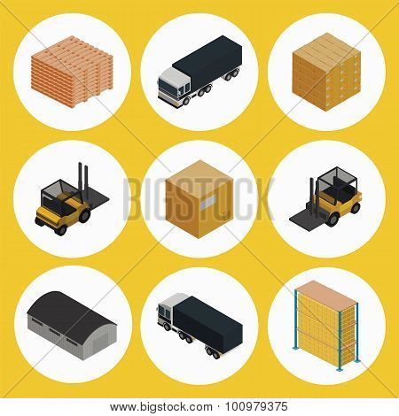 Warehouse icon set, warehouse symbols. Forklift icon. Warehouse isometric icon, warehouse building icon, warehouse shelves icon, cargo icon, truck icon. Nine different warehouse icon.