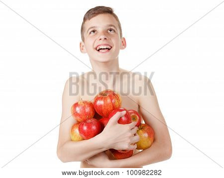 Smiling Boy With A Pile Of Apples