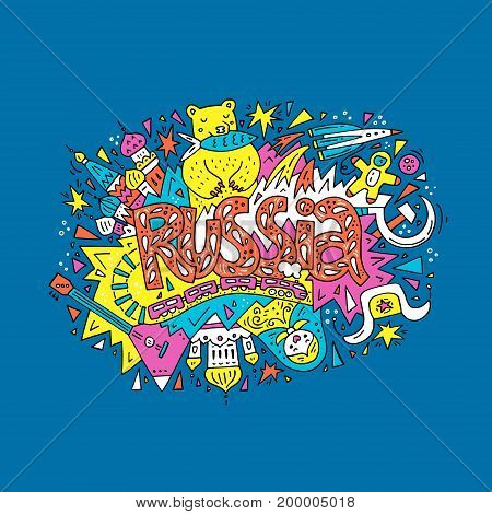 Handdrawn concept with all main symbols of Russia. Vector illustration.