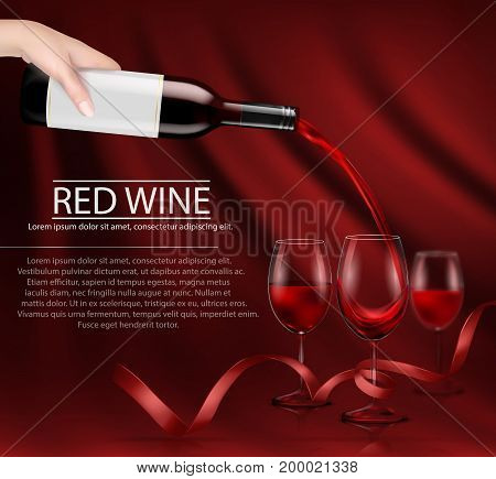 Vector illustration, bright realistic poster with a hand holding a glass wine bottle and pouring red wine into a glass. Template, moc up, layout for advertising, design, branding