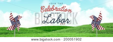 Digital composite of Celebration labor day text and USA wind catchers in front of grass and sky