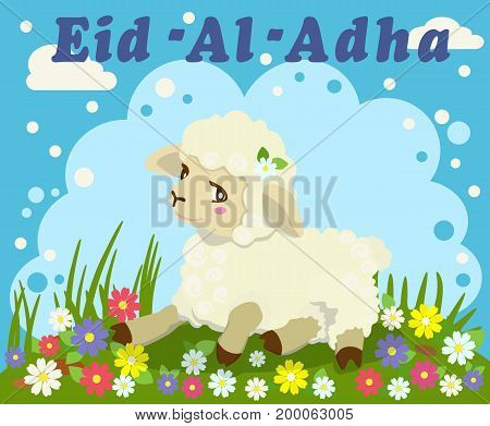 Vector greeting color card with beautiful sheep, lamb to religious Islamic festival of sacrifice Eid Al Adha Mubarak or Bakrid Mubarak. Graphic design decoration of flyers, cards.
