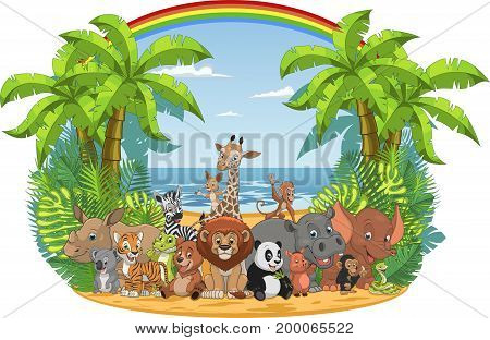Vector illustration of a set of funny exotic animals in the wild in the jungle